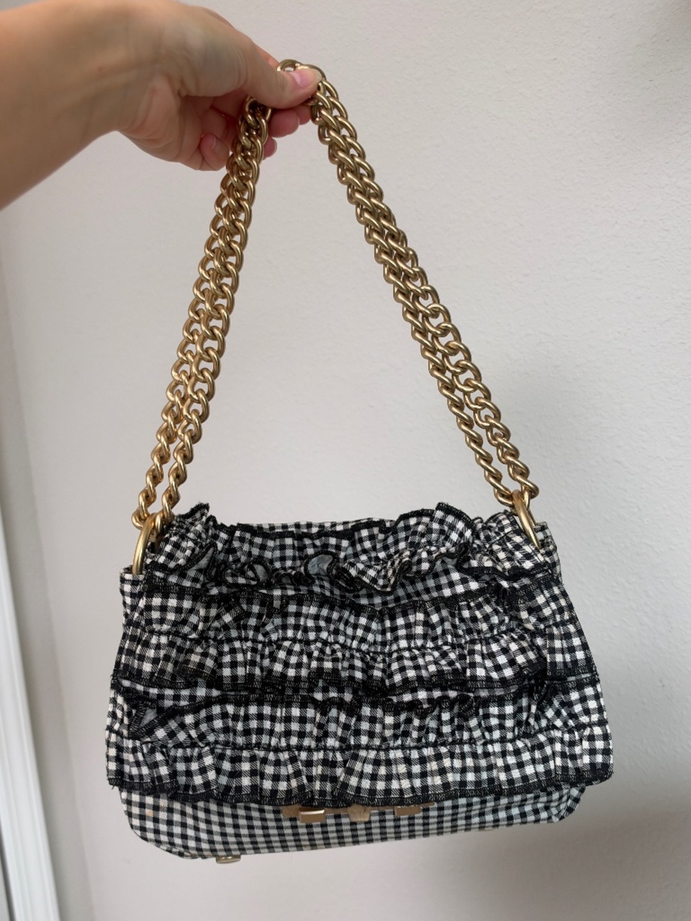 Foley + Corinna Black White Gingham Ruffle Gold Chain Shoulder Bag